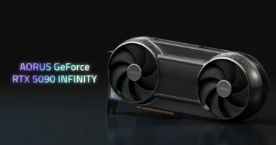 Tarjeta gráfica AORUS GeForce RTX 5090 INFINITY, con diseño elegante y dos ventiladores grandes, sobre fondo oscuro.