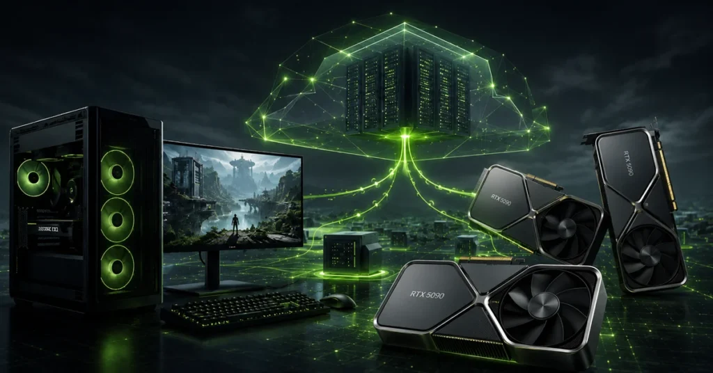 Diseño futurista con componentes de PC, incluyendo tarjetas gráficas RTX 5000, monitor y torre de color negro y verde, rodeados de elementos tecnológicos.