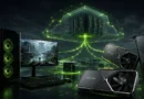 Diseño futurista con componentes de PC, incluyendo tarjetas gráficas RTX 5000, monitor y torre de color negro y verde, rodeados de elementos tecnológicos.