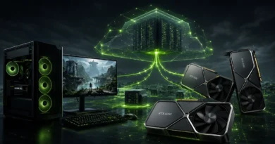 Diseño futurista con componentes de PC, incluyendo tarjetas gráficas RTX 5000, monitor y torre de color negro y verde, rodeados de elementos tecnológicos.