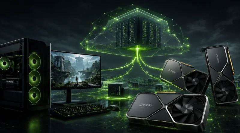 Diseño futurista con componentes de PC, incluyendo tarjetas gráficas RTX 5000, monitor y torre de color negro y verde, rodeados de elementos tecnológicos.
