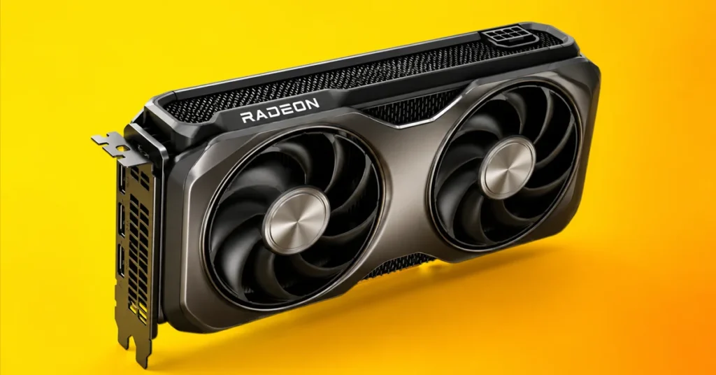Tarjeta gráfica Radeon con diseño negro y plateado, equipada con dos ventiladores, sobre fondo amarillo brillante.