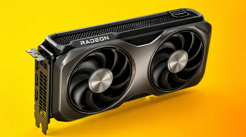 Tarjeta gráfica Radeon con diseño negro y plateado, equipada con dos ventiladores, sobre fondo amarillo brillante.