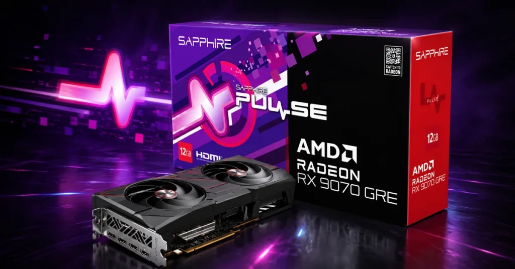 Tarjeta gráfica AMD Radeon RX 9070 GRE de Sapphire sobre un fondo oscuro, con su caja de colores vibrantes y diseño moderno.