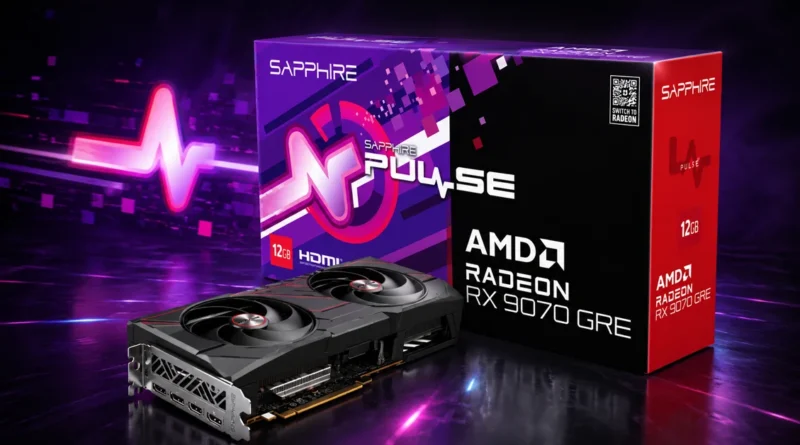 Tarjeta gráfica AMD Radeon RX 9070 GRE de Sapphire sobre un fondo oscuro, con su caja de colores vibrantes y diseño moderno.