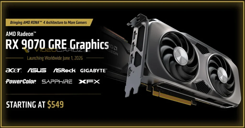 Tarjeta gráfica AMD Radeon RX 9070 GRE con diseño moderno, ventiladores dobles y texto en negro y dorado, destacado el precio de $549.