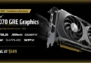 Tarjeta gráfica AMD Radeon RX 9070 GRE con diseño moderno, ventiladores dobles y texto en negro y dorado, destacado el precio de $549.
