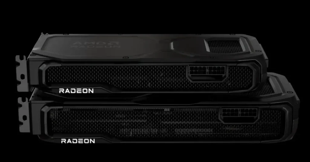 Dos tarjetas gráficas Radeon apiladas en un fondo negro, con detalles en gris y negro, mostrando sus rejillas de ventilación.