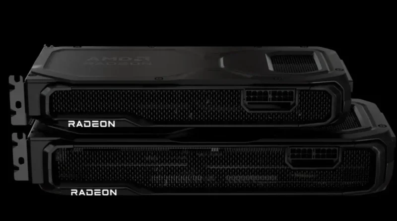 Dos tarjetas gráficas Radeon apiladas en un fondo negro, con detalles en gris y negro, mostrando sus rejillas de ventilación.
