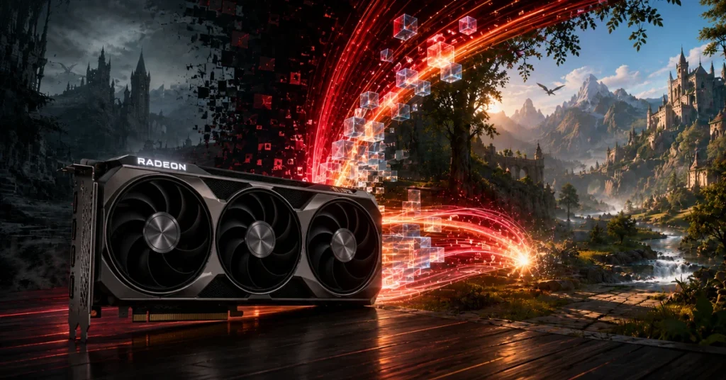 Tarjeta gráfica Radeon RX 9070 XT en primer plano, con un fondo de paisajes de fantasía y efectos de luz rojos y brillantes.