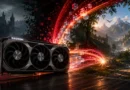 Tarjeta gráfica Radeon RX 9070 XT en primer plano, con un fondo de paisajes de fantasía y efectos de luz rojos y brillantes.