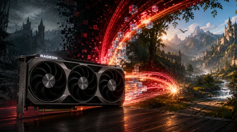 Tarjeta gráfica Radeon RX 9070 XT en primer plano, con un fondo de paisajes de fantasía y efectos de luz rojos y brillantes.