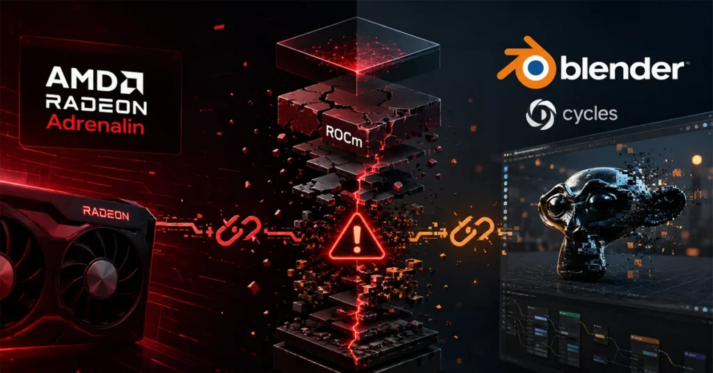 Gráfica que muestra el logo de AMD Radeon Adrenalin y Blender Cycles, con un elemento de advertencia en rojo y un fondo oscuro y tecnológico.