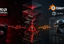 Gráfica que muestra el logo de AMD Radeon Adrenalin y Blender Cycles, con un elemento de advertencia en rojo y un fondo oscuro y tecnológico.