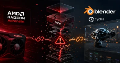 Gráfica que muestra el logo de AMD Radeon Adrenalin y Blender Cycles, con un elemento de advertencia en rojo y un fondo oscuro y tecnológico.