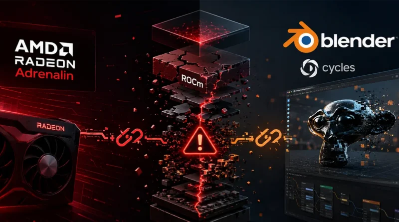 Gráfica que muestra el logo de AMD Radeon Adrenalin y Blender Cycles, con un elemento de advertencia en rojo y un fondo oscuro y tecnológico.
