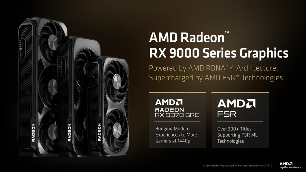 Tres tarjetas gráficas AMD Radeon RX 9000 en color negro, con detalles en plata. Texto sobre la arquitectura RDNA 4 y FSR.