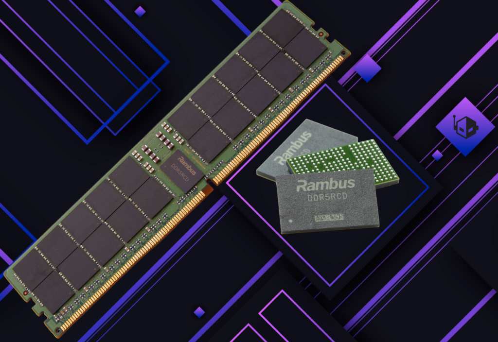 Módulo de memoria RAM DDR5 9600 de Rambus sobre un fondo oscuro con patrones geométricos, acompañado de dos chipsets de la misma marca.