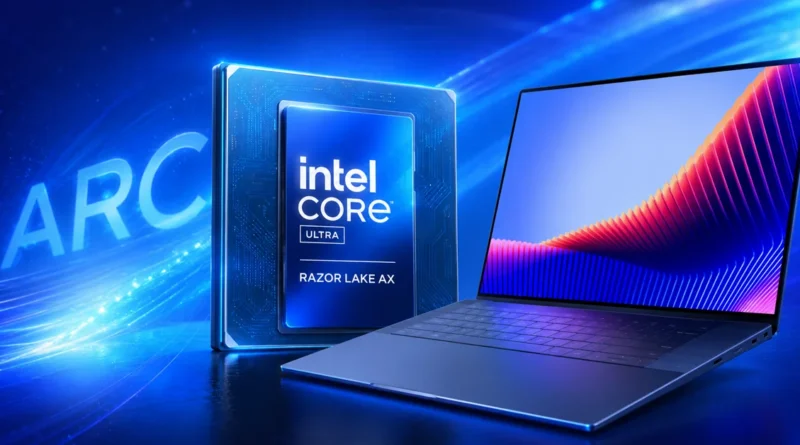 Procesador Intel Core Ultra Razor Lake AX destacado junto a un laptop moderno, con fondo azul brillante y gráficos vibrantes.
