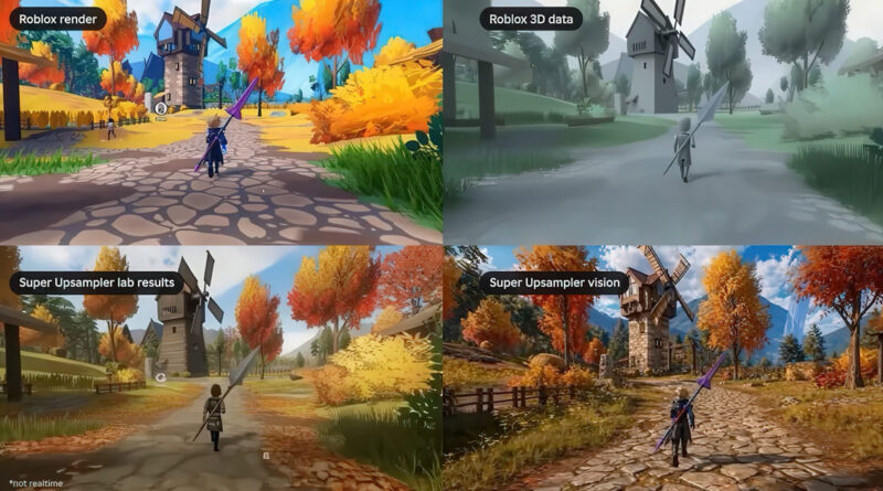 Cuatro paneles que muestran comparativas de gráficos en Roblox: un render colorido, datos 3D, resultados de laboratorio y visión de Super Upsampler.