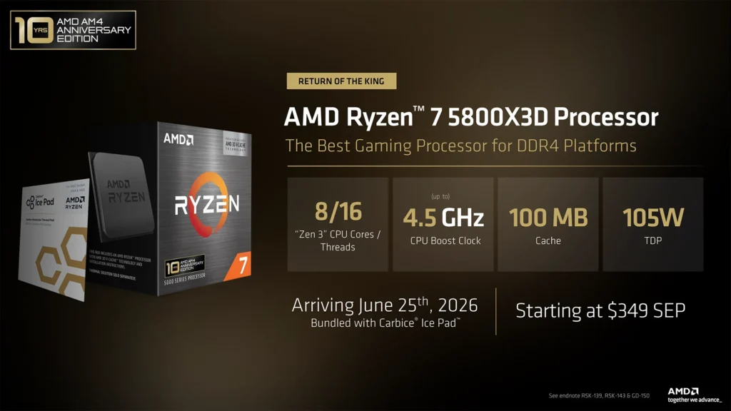 Caja del procesador AMD Ryzen 7 5800X3D con diseño negro y rojo, detalles en oro, y texto sobre sus especificaciones. Fondos oscuros.