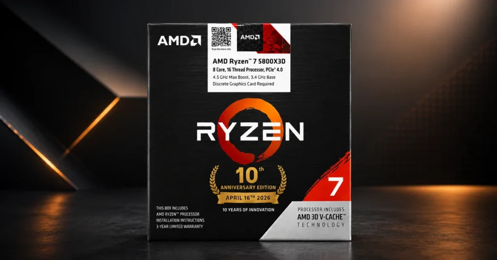 Caja del procesador AMD Ryzen 7 5800X3D Edición Aniversario, en colores negro y rojo, con logotipos prominentes y detalles técnicos.