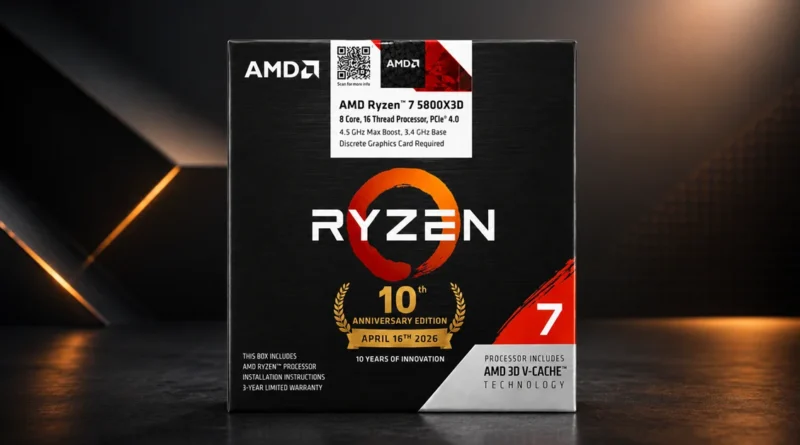 Caja del procesador AMD Ryzen 7 5800X3D Edición Aniversario, en colores negro y rojo, con logotipos prominentes y detalles técnicos.