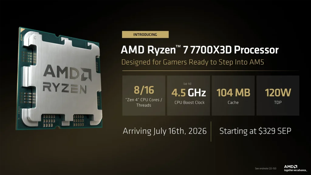 Procesador AMD Ryzen 77700X3D con diseño moderno, datos técnicos destacados, fondo oscuro y colores de la marca AMD.