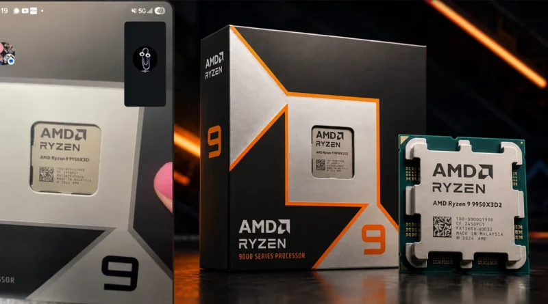 Caja de procesador AMD Ryzen 9 con fondo negro, destacando el logo naranja y plateado. Procesador visible al lado derecho.