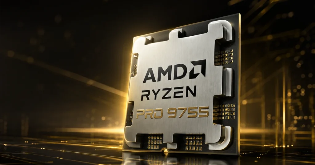Procesador AMD Ryzen PRO 9755 con acabado metálico, resaltado sobre un fondo dorado con líneas abstractas de tecnología.