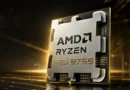 Procesador AMD Ryzen PRO 9755 con acabado metálico, resaltado sobre un fondo dorado con líneas abstractas de tecnología.
