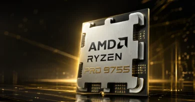 Procesador AMD Ryzen PRO 9755 con acabado metálico, resaltado sobre un fondo dorado con líneas abstractas de tecnología.