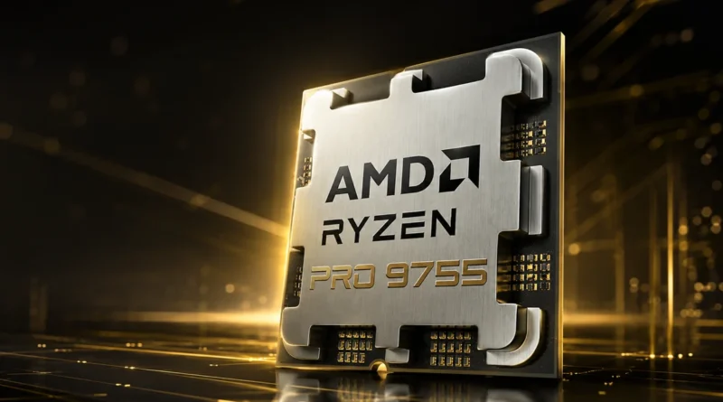 Procesador AMD Ryzen PRO 9755 con acabado metálico, resaltado sobre un fondo dorado con líneas abstractas de tecnología.