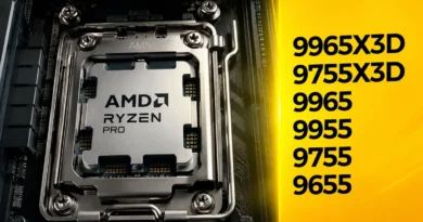 Procesador AMD Ryzen PRO con detalles en metal brillante, rodeado de circuitos, junto a nombres de seis nuevos modelos en negro.