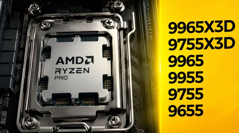 Procesador AMD Ryzen PRO con detalles en metal brillante, rodeado de circuitos, junto a nombres de seis nuevos modelos en negro.