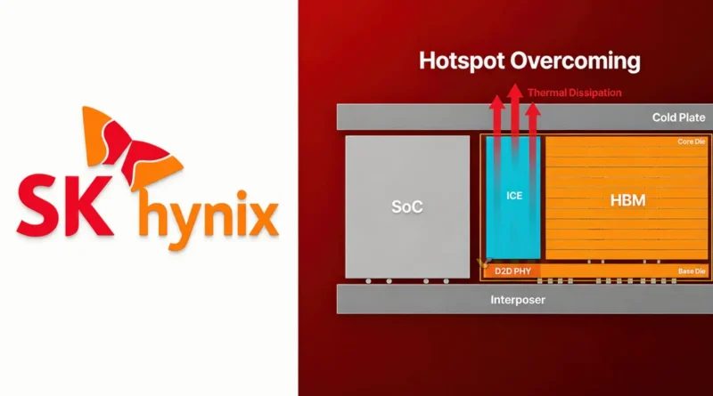 Diagrama que ilustra la tecnología iHBM de SK hynix, mostrando el SoC, interconexiones y el HBM para mejorar la disipación térmica.
