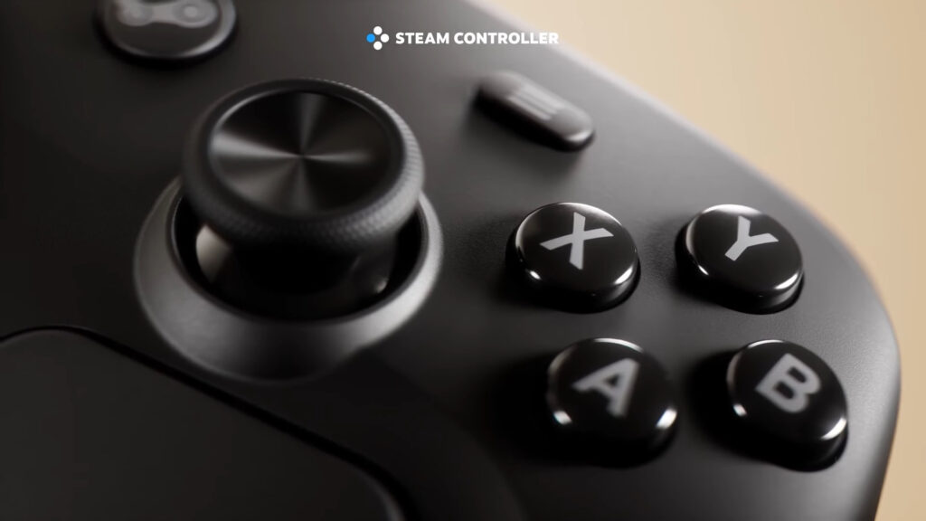 Controlador negro con detalles brillantes, botones X, Y, A, B visibles, joystick con textura y diseño moderno en primer plano.