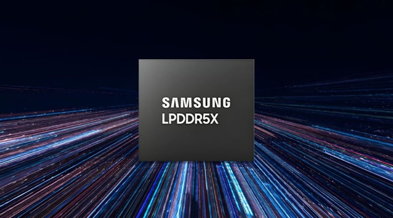 Logo de Samsung en un chip LPDDR5X sobre un fondo abstracto con rayos de luz en tonos azules y púrpuras.