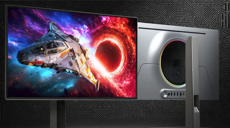 Monitor Odyssey OLED G8 con un diseño moderno, pantalla brillante mostrando una nave espacial y un fondo cósmico vibrante.