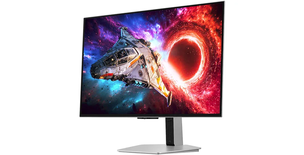 Monitor Odyssey OLED G8 con un fondo vibrante de colores cósmicos y una nave espacial frente a un agujero negro.
