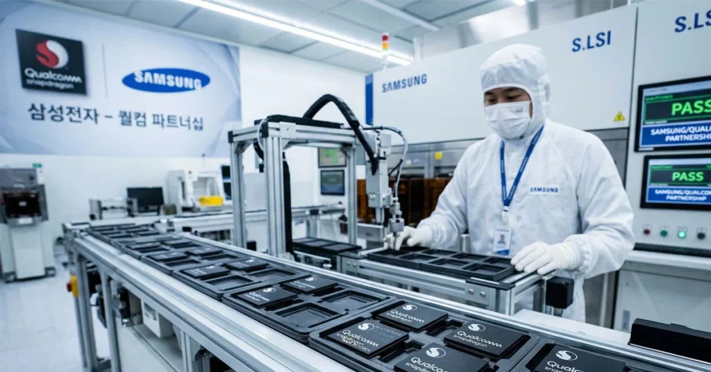Trabajador en un laboratorio de Samsung, usando equipo de protección, manipulando productos en una línea de ensamblaje. Fondo tecnológico.