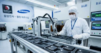 Trabajador en un laboratorio de Samsung, usando equipo de protección, manipulando productos en una línea de ensamblaje. Fondo tecnológico.