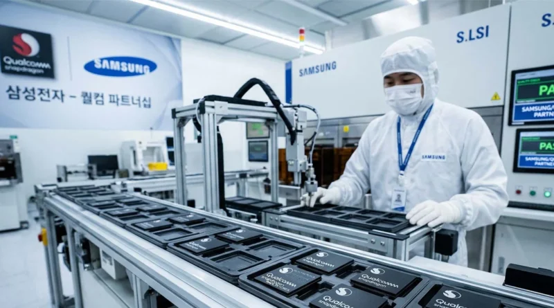 Trabajador en un laboratorio de Samsung, usando equipo de protección, manipulando productos en una línea de ensamblaje. Fondo tecnológico.