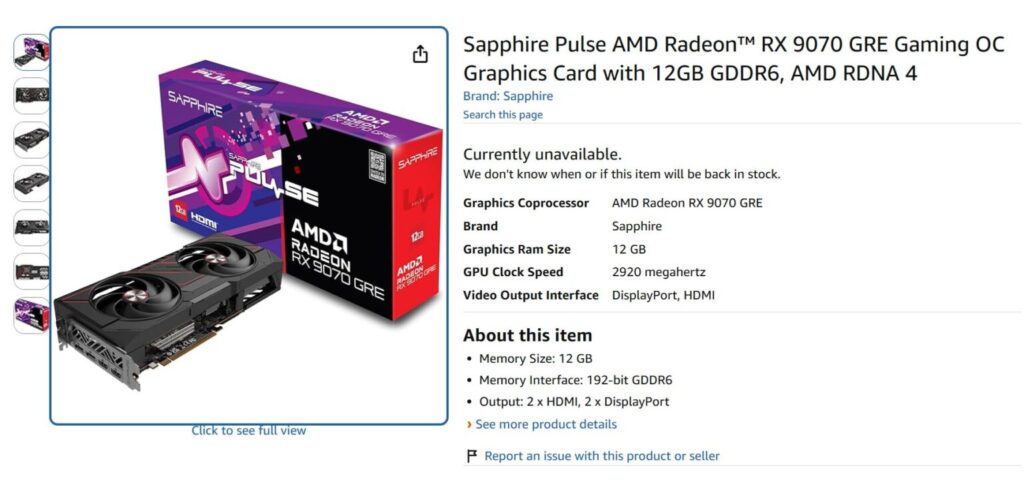 Tarjeta gráfica Sapphire Pulse AMD Radeon RX 9070 GRE Gaming OC, negra y roja, con 12 GB de GDDR6 y detalles técnicos visibles.