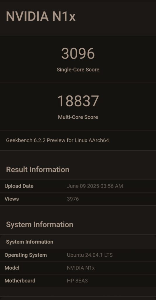 Resultados de Geekbench 6.2.2: puntuaciones de 3096 en un solo núcleo y 18837 en múltiples núcleos; información del sistema en fondo oscuro.