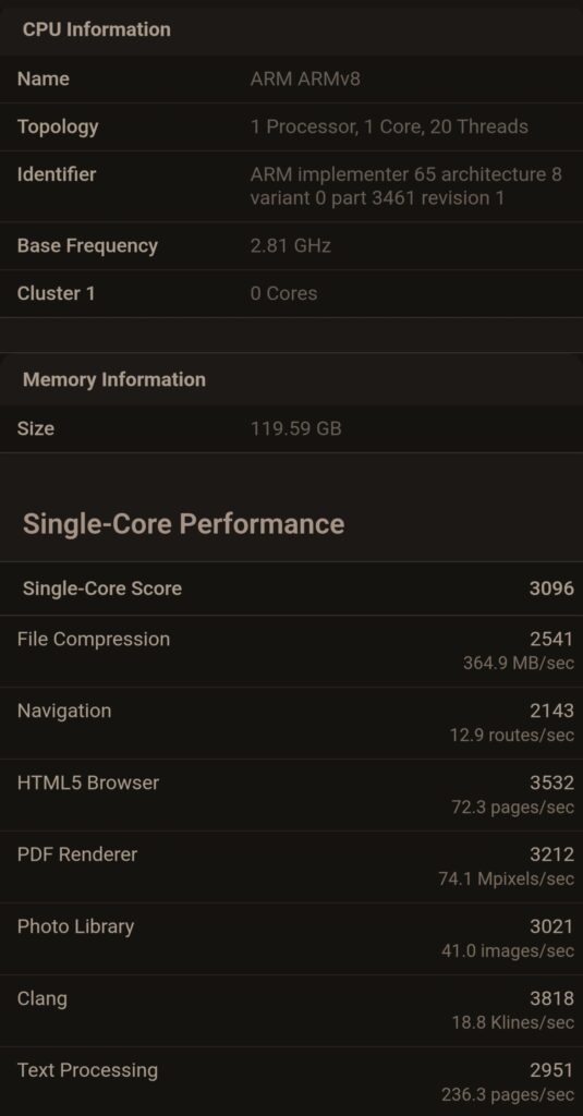 Tabla con información del CPU ARM ARMv8, mostrando detalles de rendimiento, frecuencias y puntajes de tarea en formato claro y organizado.