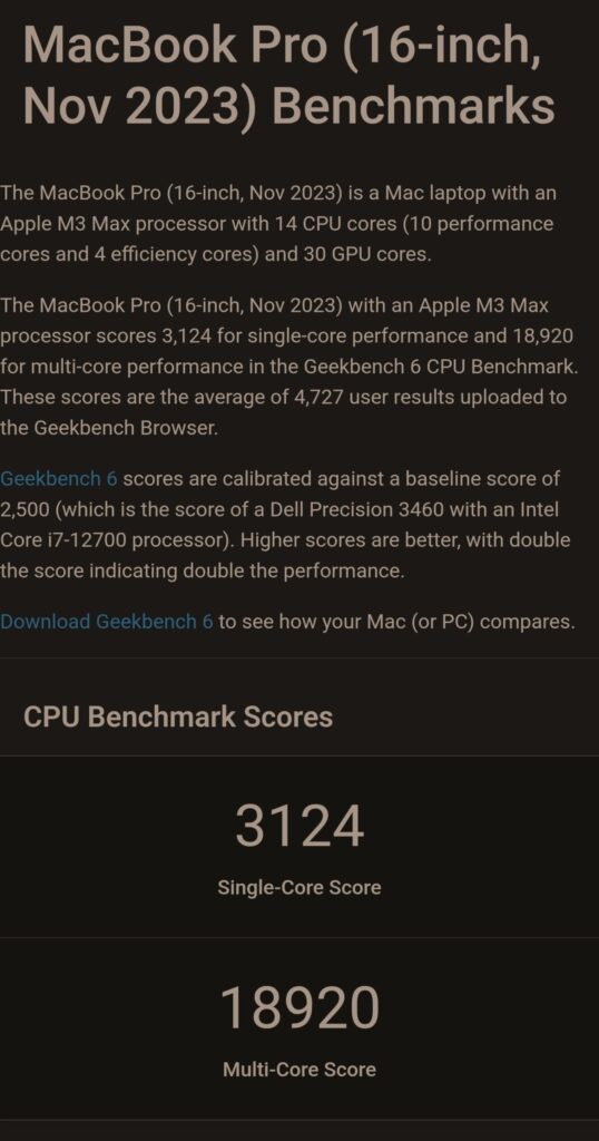 Gráfica que muestra los puntajes de rendimiento del MacBook Pro (16 pulgadas, Nov 2023) con colores predominantes en negro y azul.