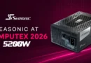 Fuente de poder Seasonic de 5200 W con diseño moderno, logo de la marca y fondo en tonos púrpura y negro.