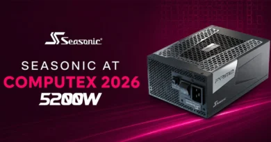 Fuente de poder Seasonic de 5200 W con diseño moderno, logo de la marca y fondo en tonos púrpura y negro.