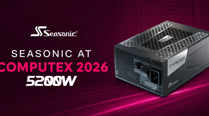 Fuente de poder Seasonic de 5200 W con diseño moderno, logo de la marca y fondo en tonos púrpura y negro.
